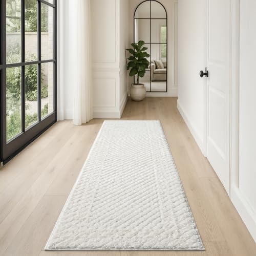 payé Tapis de couloir, 80 x 300 cm, à poils longs, bohème, crème, pastel, uni, motif moderne en losanges, scandinave, moelleux, doux, chambre à coucher