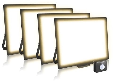 AUXTINGS 4 Pièces 100W Lampe de Sécurité Projecteur à LED Avec Détecteur de Mouvement PIR,10000 Lumens 4000K Blanc Chaud Lumières Exterieur,LED Extérieur étanche pour Jardin,Garage,Véranda,Patio