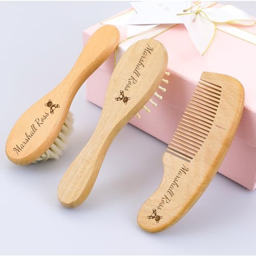 Personalized Wooden Baby Hairbrush with Soft Goat Bristles - Custom Set for Cradle Cap Care for Baby Registry