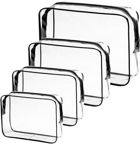 Roluxando 4 Stück Reise Kosmetiktasche, Kulturbeutel Transparent, Flugzeug Beutel Flüssigkeiten, Make-Up Tasche Handgepäck, Kulturtasche Wasserdicht Durchsichtig, Kosmetikbeutel PVC für Männer, Frauen