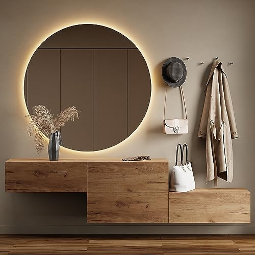 Planetmöbel Flurgarderobe 2X 160 cm | Spiegel rund mit Beleuchtung 100 cm, Gold Eiche, Flur Möbel mit Spiegel, 2x 37,8T x 160B x 32,5H cm