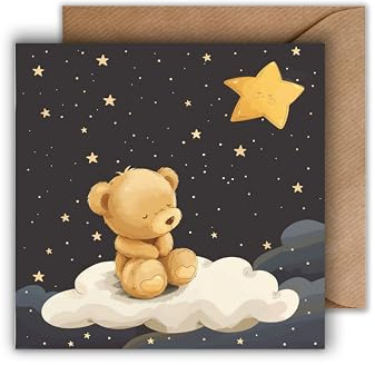 WBdesignz Sternenkind Karte mit Umschlag - Einfühlsame Trostkarte mit Teddybär auf Wolke Trauerkarte Baby Aufrichtige Beileidskarte Kindstod Verlust Kind Fehlgeburt Beileid (125 x 125 mm)