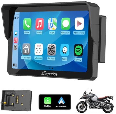 Carpuride W702B Motorrad GPS Carplay Bildschirm mit Design Halterung für BMW Motorräder, Kabelloses CarPlay und Android Auto, Tragbarer 7 Wasserdichter Touchscreen, Dual Bluetooth, Navigation, Siri.