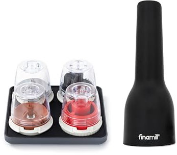 FinaMill’s Award-Winning Ultimate Spice Grinder Set – Adjustable Coarseness, Ceramic Grinding Elements, LED Light, 4 Quick-Change Pods, a Stackable Tray (Rechargeable, Midnight Black)