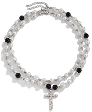KnSam Edelstahl Halskette für Männer Set, Edelstahl Partnerketten Perle Bead Kette mit Kreuz Form, Silber Schwarz Ketten mit Zirkonia, 48CM