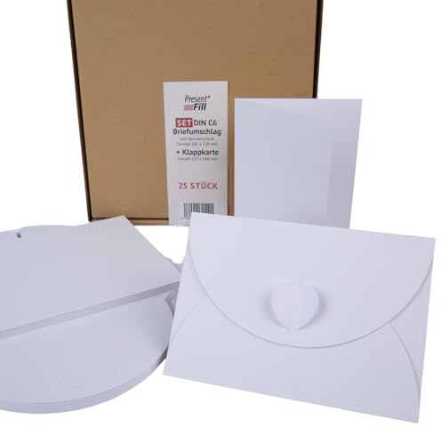 PresentFill® - biglietti pieghevoli vuoti con buste e chiusura a cuore - set da 25 - marrone naturale - biglietti pieghevoli da personalizzare, scrivere o stampare - DIN A6 / C6
