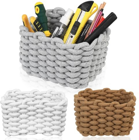 3 Pz Cestino Cestini Portaoggetti Bagno, Cesto Portaoggetti Intrecciato in Corda di Cotone, Organizer Bagno Camera da Letto Salotto Ufficio Portaoggettio, 19 x 15 x 12 cm
