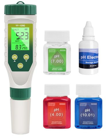 Homcoice PH Meter 5 IN 1, PH EC TDS Salinity Temperature Meter with Innovative Simultaneous Display, Pool pH Test IP67 Waterproof, Salinity PH Tester for Drinking Water, Aquariums, Hydroponics