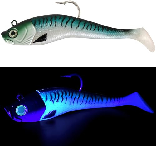Mega Fishing Norwegen UV Shad Meeresköder - Gummifisch + Jigkopf - Dorsch Köder - 20cm / 300g & 26cm / 440 g (Makrele UV - 20cm / 300g)