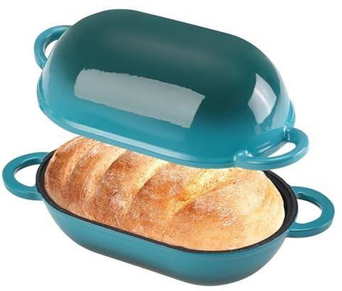 NSIRONS 5 QT Emaillierter Gusseisen-Sauerteig-Brotbackofen, Kastenform mit Deckel | Ovaler Dutch Oven für selbstgemachtes Sauerteigbrot backen, ofenfest bis 260°C, Hackbratenform mit Kuppeldeckel, blaugrün