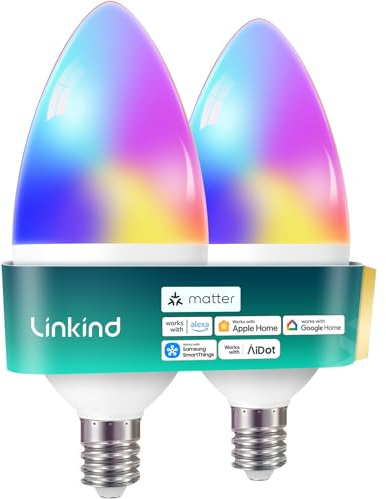 Linkind Matter Smart Bulbs, E12 Led Bulb Works with Alexa/Apple Home/Google Home, Smart Light Bulbs, WiFi Candelabra B11 Bulbs, RGBTW Color Changing Light Bulb, 2.4Ghz WiFi Bulb, 470 LM 2 Pack