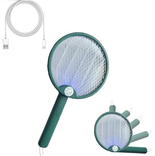 Electric Fly Swatter Bug Zapper Racket Foldable Fly Killer USB-C Rechargeable Handheld 3-layer Dense Mesh Electric Racket Bat Indoor Outdoor Insect Catcher For Killing Insects Flies Bugs