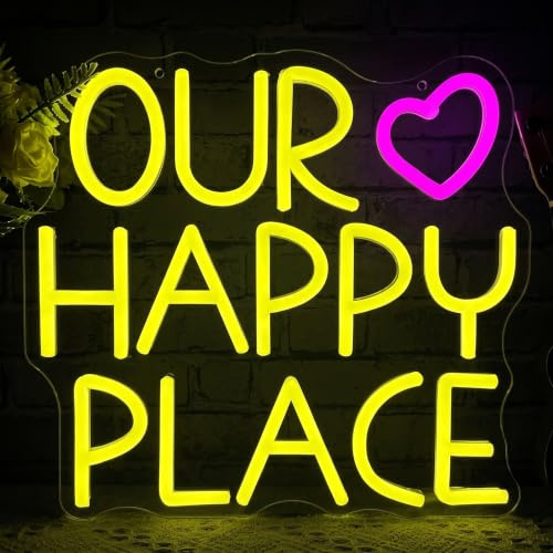 Our Happy Place Neon Light Sign Glowing LED Bar Sign Neon Letter Light Lamp Dimmable for Reading Room Home Office Living Bookworm Bedroom Couple's Room Decoration