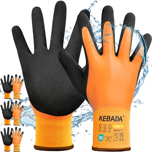 Kebada Winter-Arbeitshandschuhe Herren Damen, wasserdicht, warm, T1, 3 Paar | Größe 9/L, warm gefüttert, rutschfeste Latexbeschichtung für Gefrierlager, Lagerarbeit, Gartenarbeit & kalte Außenarbeit