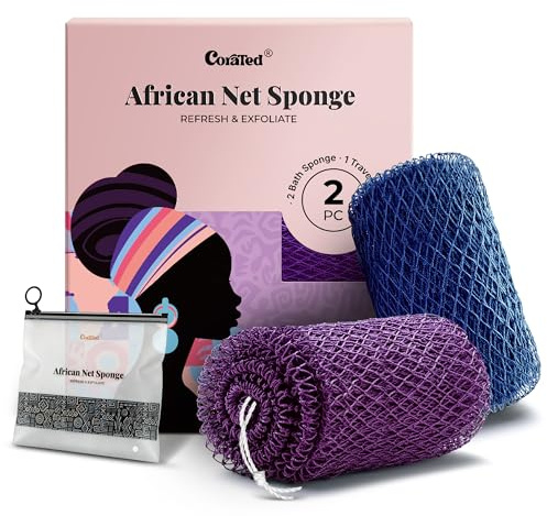 CORATED 2 pezzi Rete Africana per Esfoliazione, Reti Spugnetta per il Bagno, Pulizia Estetica della Pelle per Doccia e SPA (Blu e Viola)