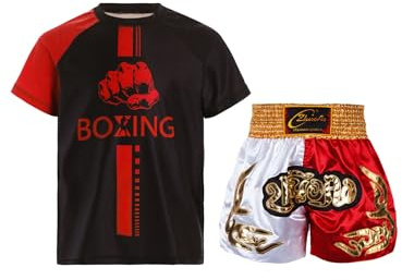 Lpdshaa Boxe Pour Enfants Uniformes T-shirt Manches Courtes Muay Thai + Shorts Kick Boxe Arts Martiaux Mma Cage Fighting Vêtements Jaune Blanc Rouge 13-14 ans