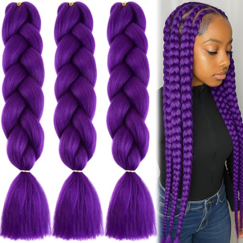 SSKHE 3 Packs 24 pouces naturel Jumbo cheveux à tresser,Meches Pour Tresses Africaine,Pre Tiré Long Easy Braids Knotless Yaki Nattes Extensions Rajout Cheveux Tresses (La couleur violette)