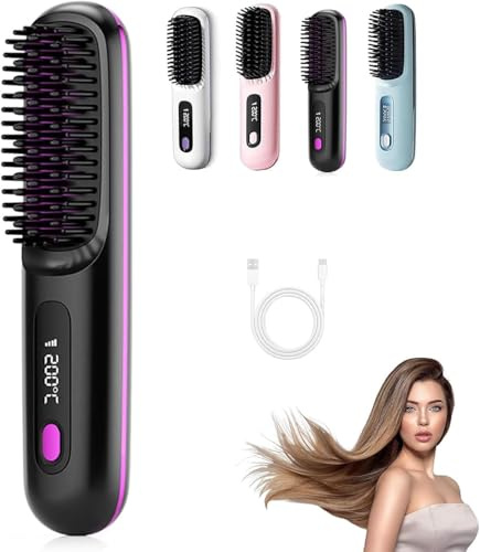 Brosse chauffante pour cheveux courts, brosse lissante avec 3 niveaux de chaleur et écran LED, rechargeable par USB, légère et portable, pour coiffure en voyage et à la maison (noir)