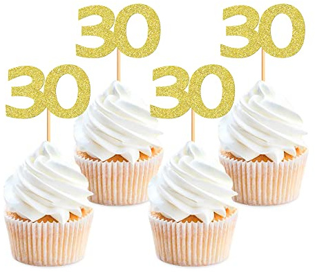 24PCS Gold Glitter 30th Birthday Cupcake Toppers Cheers to 30 Years Number 30 Birthday Celebrating Cake Decorations for Birthday Anniversary Party Supplies