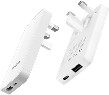 Orivo Ultra-Slim Flat USB-C & USB QC 3.0 Charger UK Charger, 20W Multi Port UK Power Plug, Type C Fast-Charging iPhone 16/15/14 Pro Max, Galaxy Mobile Phones, UK Travel Adapter, (White)