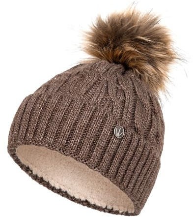 HEYO Damen Wintermütze mit Fleece Innenband H18527 | Slouch Beanie Winter Mütze | Warme Strickmütze mit Bommel | Bommelmütze (Braun)