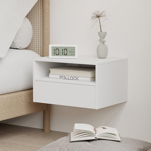 JERX Floating Bedside Table, Wall Mounted Nightstand with Storage Drawer and Open Shelf Modern Wooden Bedside Table for Bedroom,White