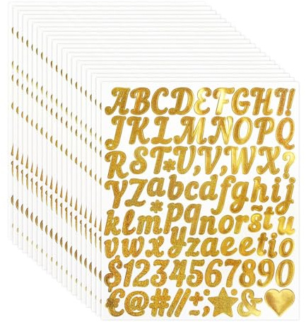20 Blätter Goldene Selbstklebende Buchstaben, Buchstaben Aufkleber Goldene Glänzende Wasserdichte Vinyl Sticker Klebebuchstaben Zahlen Alphabet Aufkleber für Hochzeit Geburtstag DIY Sammelalbum