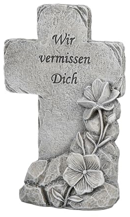 CULT at home Grabdekoration Grabschmuck Kreuz Wir vermissen Dich - Gedenkstein fürs Grab Friedhof - aus Kunstharz Höhe 15,5 cm