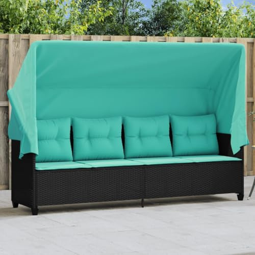 ChicAbode Sonnenliege mit Dach und Kissen Schwarz Poly Rattan Gartenliege Gartenmöbel Liegestuhl Relaxliege A1043