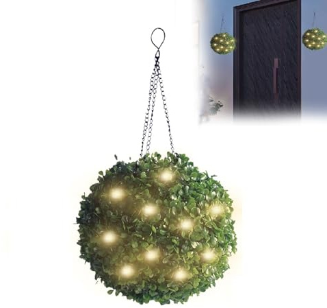 TASBER Solar Topiary Balls with LED Lights, Hanging Topiary Ball Lights Decorative, Artificial Boxwood Hanging Balls, Topiary Ball for Garden, Patio, Pathway, Wedding Decor (20cm)