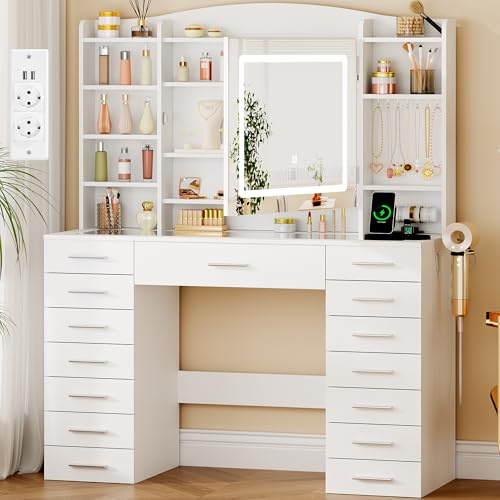 ANWBROAD Grande Toeletta da Trucco con Specchio e Luci, Toeletta Trucco con Piano in Vetro, Postazione Trucco con 15 Cassetti, 7 Ripiani Aperti,Prese e Porta Asciugacapelli, Bianco BDT39W