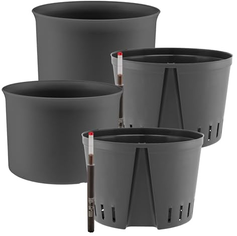 Leni Atlas Hydrokultur-Set Ø 31,4 cm Höhe 21,2 cm Anthrazit 2er-Pack | mit Kulturtopf und Gießanzeige, Blumentopf, Übertopf, Pflanztopf aus Kunststoff matt