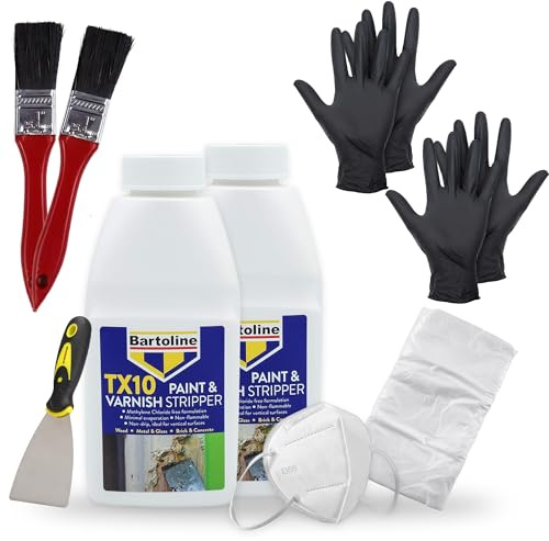 Complete Paint Stripper Kit – TX10 Paint & Varnish Remover with Scraper Tool, 2X Paint Brushes, 2X Gloves, Mask & Dust Sheet, Heavy Duty Paint Remover Bundle for Wood, Metal, Brick & DIY Restoration
