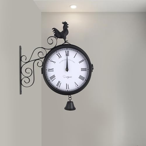 YIEMJS Bahnhofsuhr Doppelseitig Wanduhr VintageWasserdichte Gartenuhr Antik Runde Bahnhofsuhr Küchenuhr 30 x 37 x 9 cm Schwarz für Wohnzimmer Outdoor Garten Flur Wohnzimmer