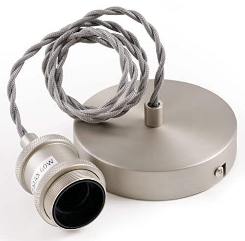 COZZY Vintage Ceiling pendant light fitting, Light Grey Twisted Braided Flex,E27 Lamp Holder Suspended Pendant Light Fitting Kit-Satin Nickel