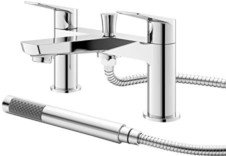 Hudson Reed DRI304 Drift ǀ Modern Bathroom Round Deck Mounted Double Handle Bath Shower Mixer with Shower Kit and Wall Bracket, 134mm x 230mm, Chrome