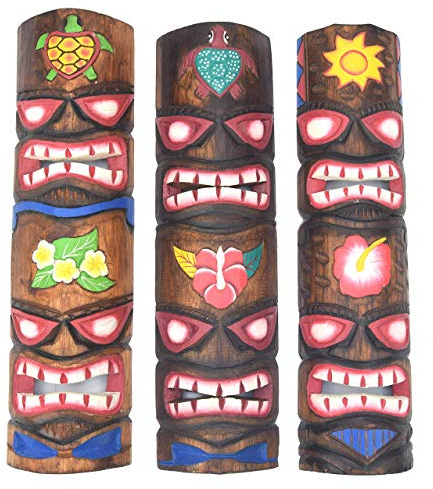 Interlifestyle 3 Tiki totemmasker 50 cm i Hawaii stil 3er set trämask vägg mask blommor sköldpadda
