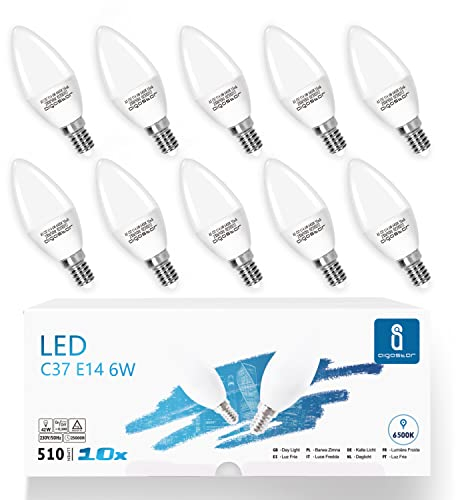 Aigostar LED E14 Lampe 6W Glühbirne, Kerzenform, 510 Lumen, 6500K Kaltweiß, Lampe C37 Leuchtmittel E14 LED Birne, 220 Grad Abstrahlwinkel, Nicht Dimmbar - 10 Stück
