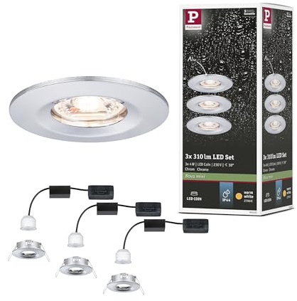 Paulmann 94303 Nova Mini LED Einbauleuchte Coin Set rund starr Deckeneinbaustrahler Chrom Einbaulampe Aluminium Warmweiß 2700 K, 12 W, Chrom, Starr (Ip44), 3er Set
