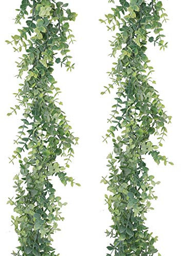 GraduatePro Faux Foliage Eucalyptus 2 Pack Green Garland Artificial Leaves Vine Fake Plants Hanging 12ft Garlands for Wedding Party Wall Room Home Decor