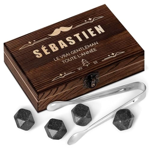Maverton Set de Pierres à Whisky dans Une boîte personnalisée, Cadeau Homme | Cadeau personnalisé pour Noël, Granit Whisky glaçons, Coffret gravé, Ensemble de 6 Pierres, Moustache