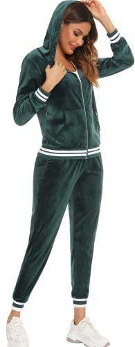 Enjyam Damträningsdress i velour, mysig Nicki-hemmadress, tvådelad joggingdress i mjuk sammet med ribbad jacka med dragkedja och byxor med ficka, Mörkgrön, S