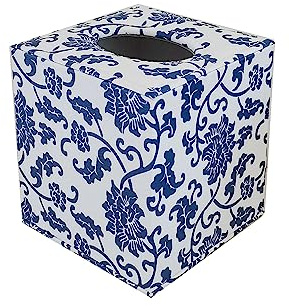 S Forever Home Decor Flower Pattern Faux Leather Tissue Box Cover (Square,Blue and White Porcelain)