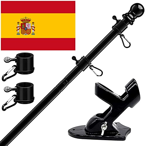 HORSE SECRET Kit di palo in alluminio nero 150 cm con supporto in acciaio inox a parete con anelli rotanti e bandiera spagnola