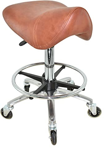 VAKON SALON - Premium Sattelhocker Hellbraun, Sattelstuhl für Rückenentlastung, Rollhocker höhenverstellbar von 55-75 cm mit Fußring, Drehhocker, Praxishocker, Bürohocker, Arbeitshocker
