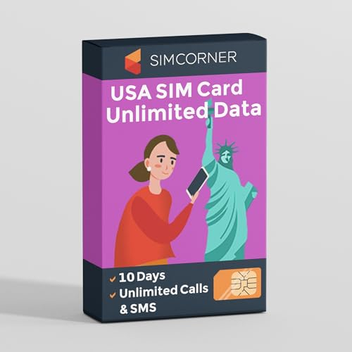 SimCorner USA Travel SIM Card (5G/4G Data, 10 Days) - 3-in-1 SIM: Standard, Micro, Nano - Unlimited Calls & SMS to US, Hawaii Mobiles & Landlines - Prepaid Data SIM for Unlocked Phones