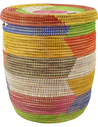 YAADU Wäschekorb mit Deckel 80L – Großer Wäschesammler mit Deckel, Geflochtene Wäschetonne, Boho Wäschekorb mit Henkeln, Wäschebehälter für Schmutzwäsche, Modell Fulani (Bunt-Flach)