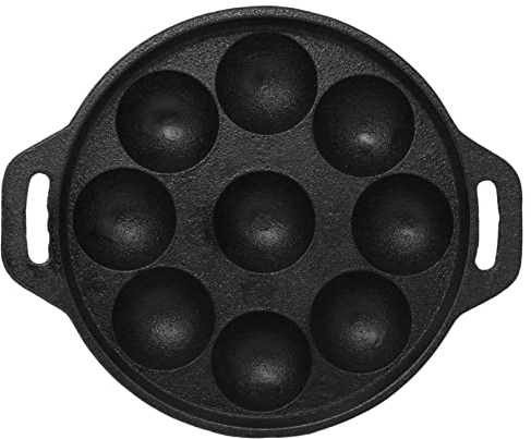 GK Global Kitchen Cast Iron Appam Maker - 9 Pits, Heavy Duty, Authentic Danish Aebleskiver Pan, Black, 21cm