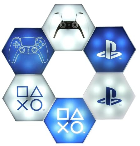 Luci LED Esagono PlayStation Merchandise Ufficiale, Decorazione Personalizzabile per Stanza di Gioco, Luce Controllata da Telecomando & Modalità Reattiva alla Musica