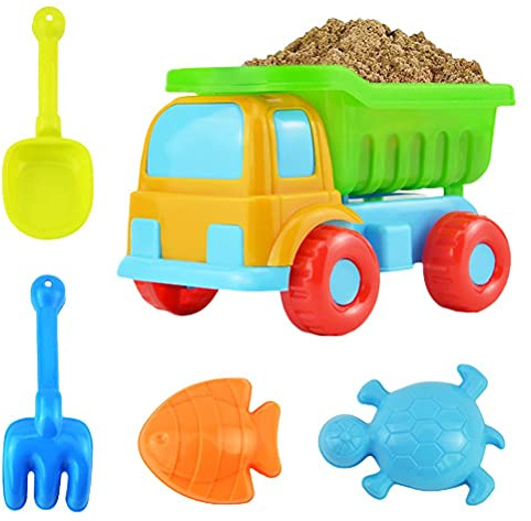 RiToEasysports Jouets de Plage pour Enfants, 5 Pièces Jouets de Plage pour Enfants en Plastique avec Camion à Benne Basculante Creuser et Moules d'animaux Marins pour Enfants Garçons Filles